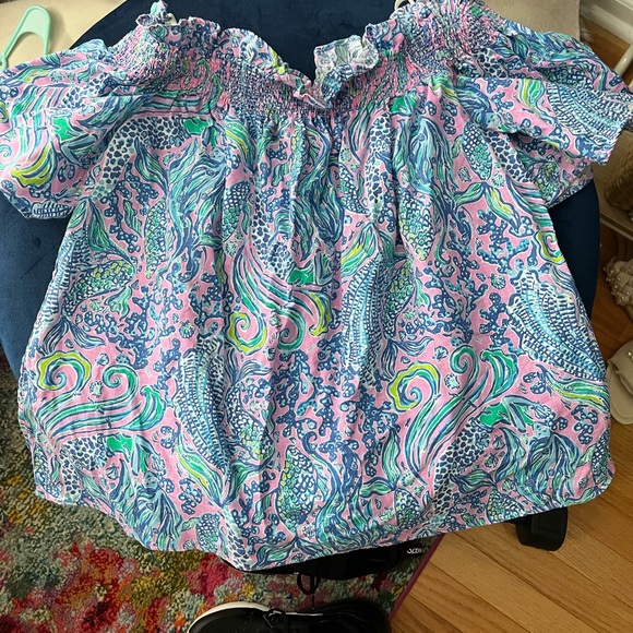 Lilly Pulitzer Leanne Off-The-Shoulder Linen Top Lilac Rose We Mermaid size L! - Picture 7 of 9